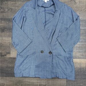 Fashion On Earth Blazer Size M Navy/light Blue Stripe 3/4 Sleeve Work Jacket